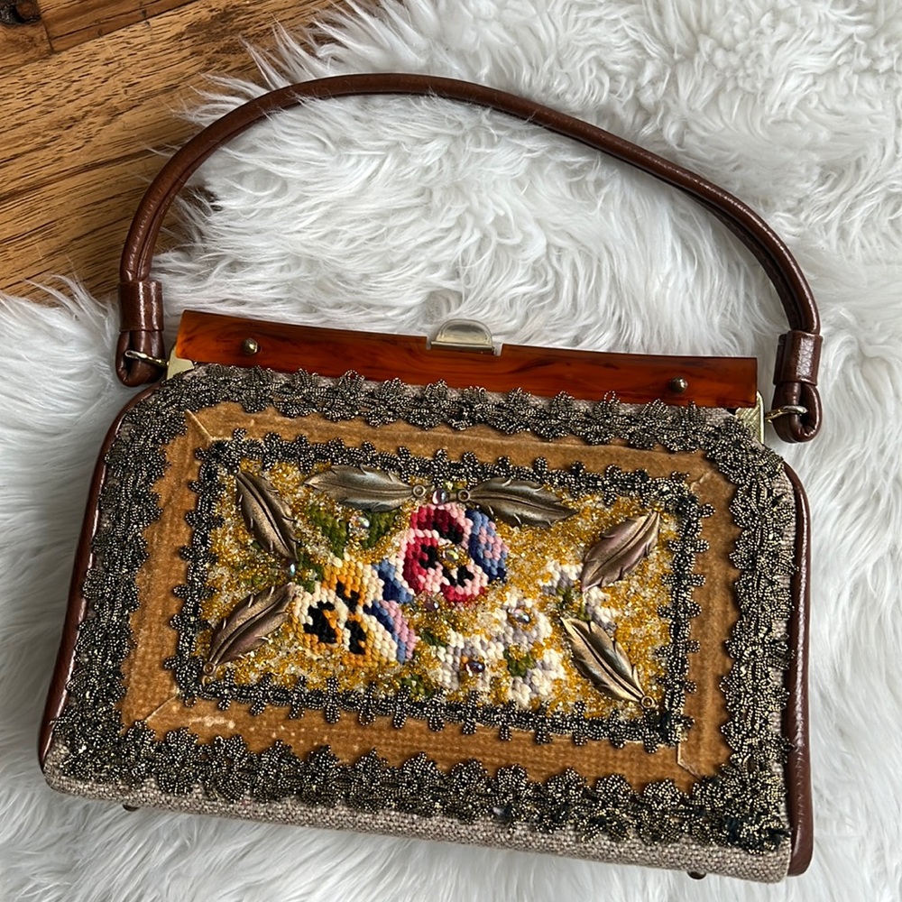 Vintage Small Handbag Clutch Beaded Embroidered Top Open